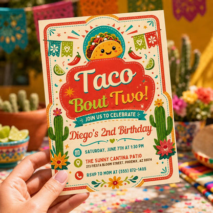 Taco Bout Two Birthday Invitation Editable, Fiesta 2nd Birthday Girl Invite, Mexican Fiesta Party Canva Template Printable __etsy:8056323658