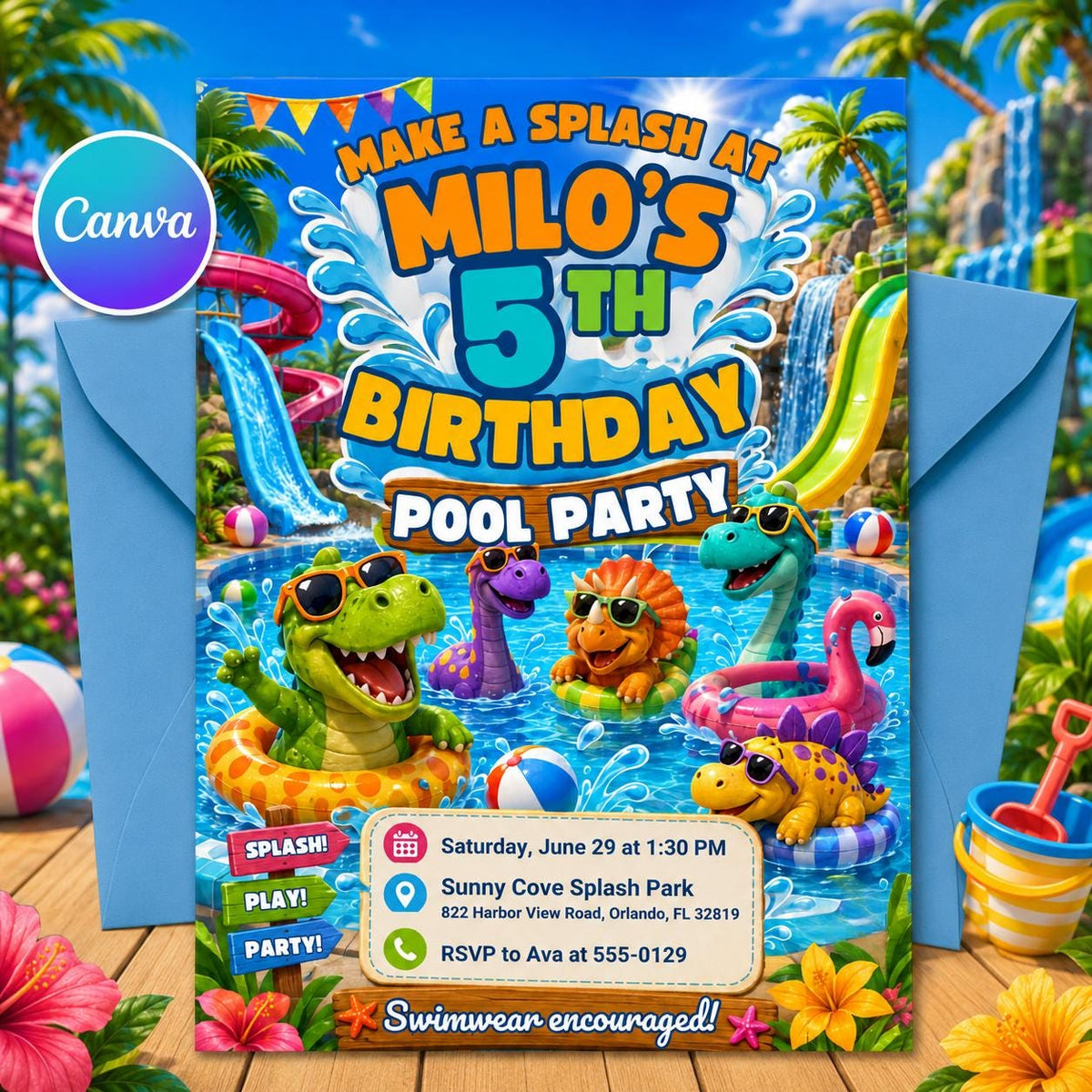Cartoon Dinosaur Pool Party 5th Birthday Invitation with Waterslide — editable Canva template