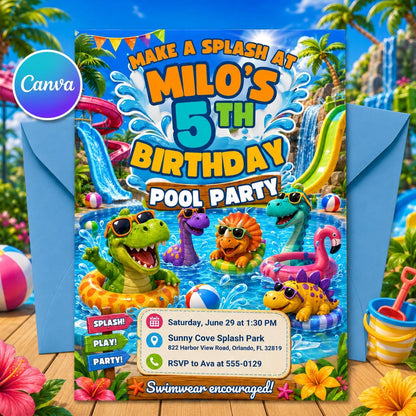 Cartoon Dinosaur Pool Party 5th Birthday Invitation with Waterslide — editable Canva template