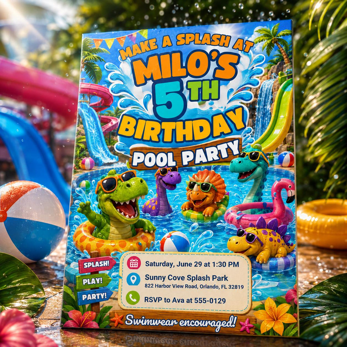 Cartoon Dinosaur Pool Party 5th Birthday Invitation with Waterslide — invitation you personalize in Canva