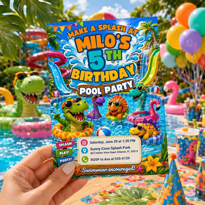 Cartoon Dinosaur Pool Party 5th Birthday Invitation with Waterslide — digital invitation, instant download