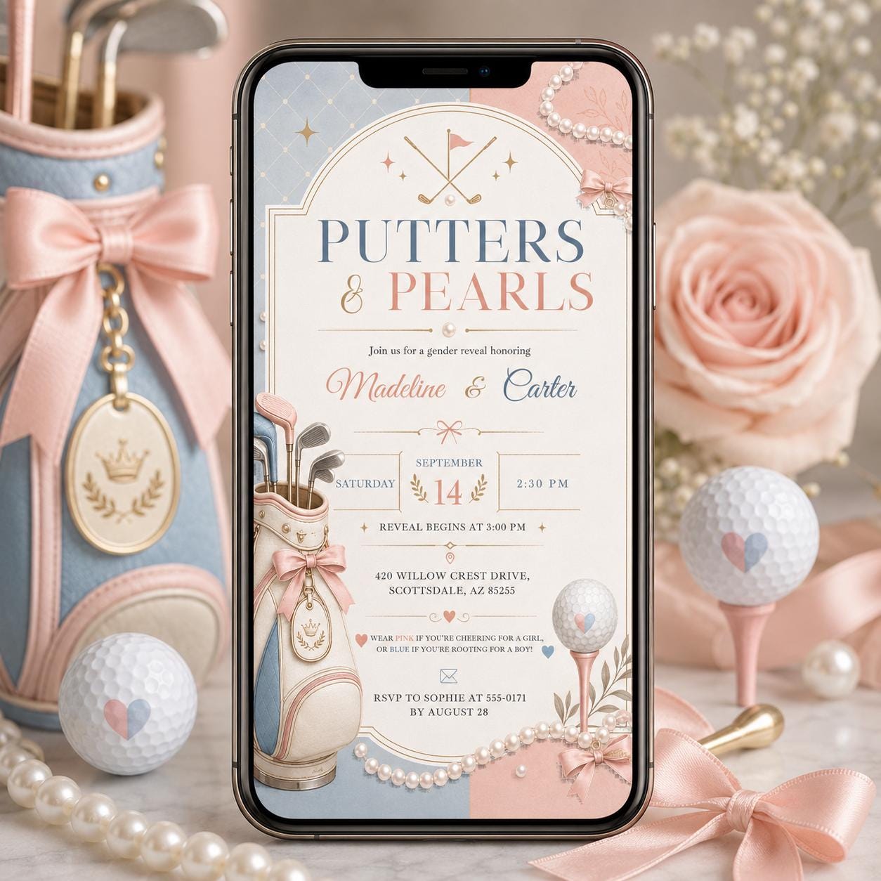 Putters or Pearls Gender Reveal Invitation , Let's Partee Golf Gender Reveal Invite, Sport Golf Cart Gender Reveal Invite, Canva Template __etsy:8056323884