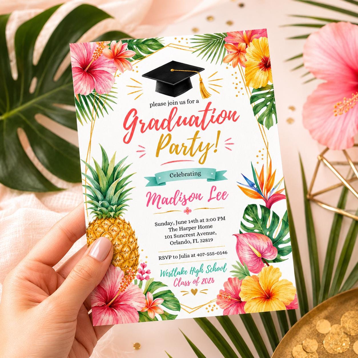 Tropical Graduation Invitation Template, Luau Grad Party Invite, Floral Hibiscus Hawaiian Grad Party, Tropical Luau Hawaii College, Canva __etsy:8056376833