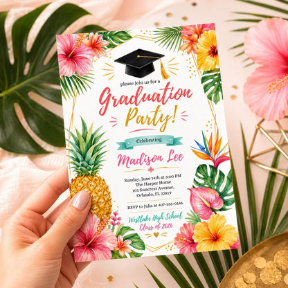 Tropical Graduation Invitation Template, Luau Grad Party Invite, Floral Hibiscus Hawaiian Grad Party, Tropical Luau Hawaii College, Canva __etsy:8056376833