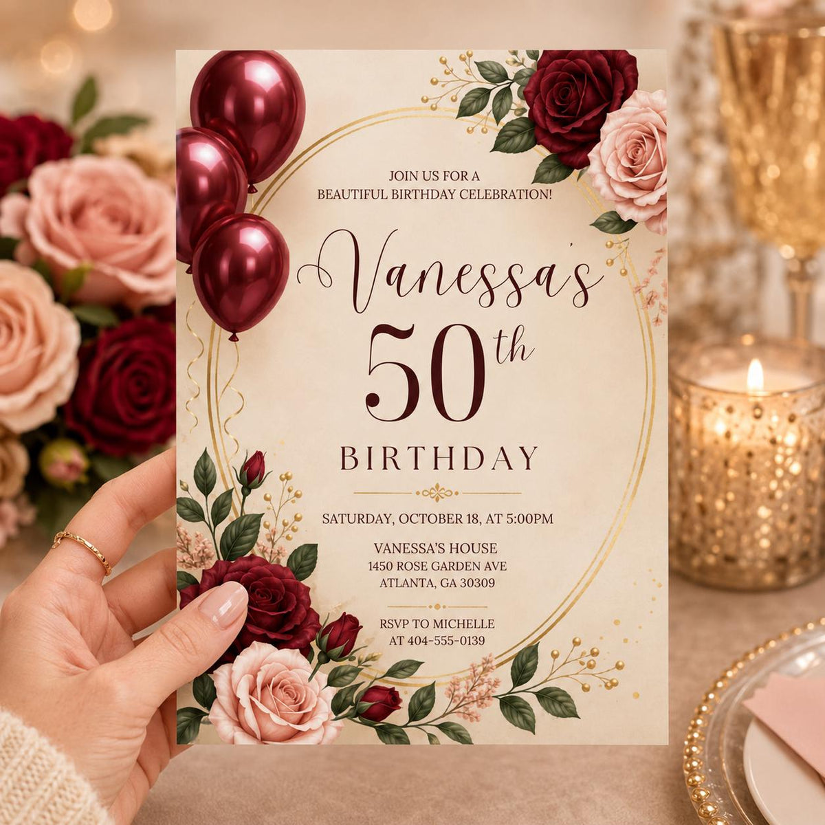 Burgundy Rose 50th Birthday Invitation — balloon design