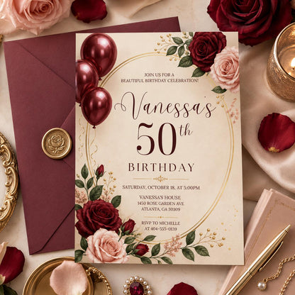 Burgundy Rose 50th Birthday Invitation — balloon artwork in cream