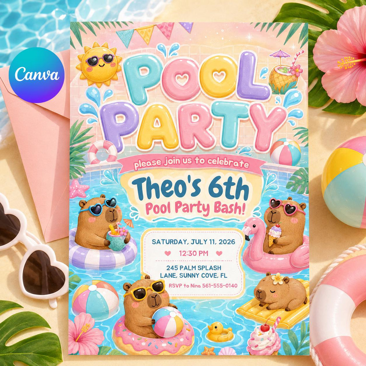 Capybara Pool Party 6th Birthday Invitation — editable Canva template