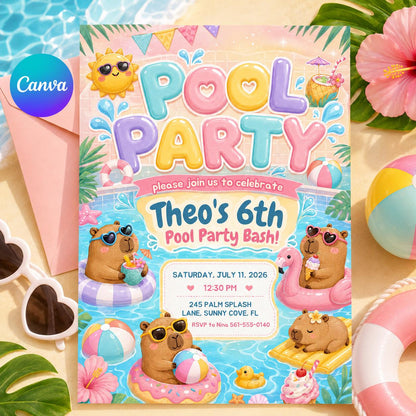 Capybara Pool Party 6th Birthday Invitation — editable Canva template