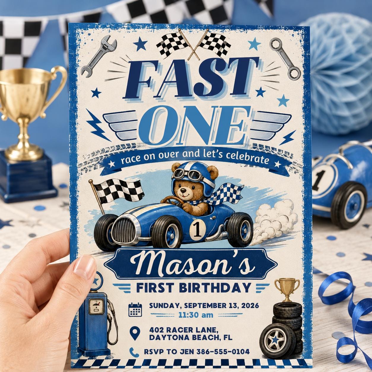 Race Car First Birthday Invitation, Editable Fast One Race Car 1st Birthday, Race Car 1st Birthday Invitation, Fast One, Canva Template __etsy:8056610661