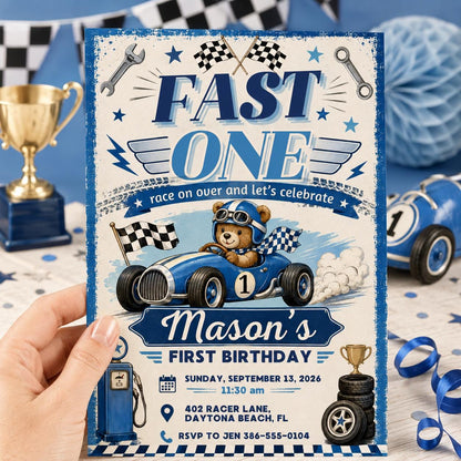 Race Car First Birthday Invitation, Editable Fast One Race Car 1st Birthday, Race Car 1st Birthday Invitation, Fast One, Canva Template __etsy:8056610661