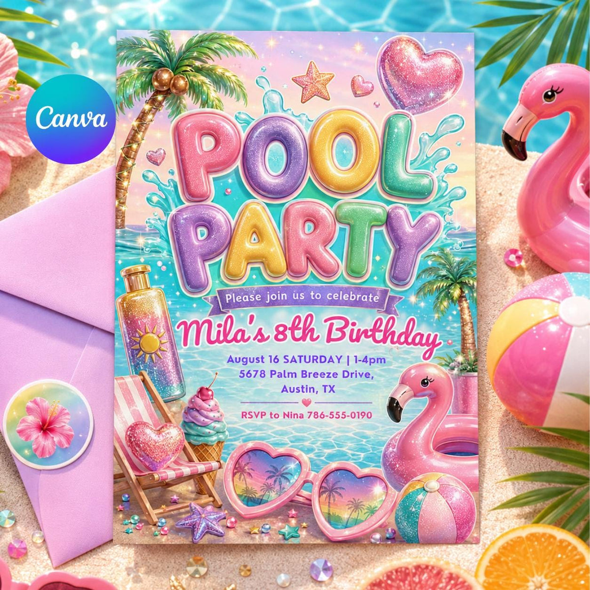 Pastel Pool Party 8th Birthday Invitation with Flamingos — editable Canva template