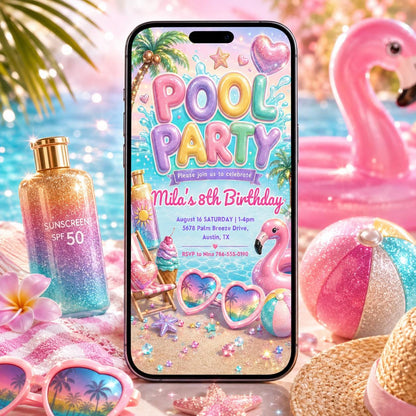 Pastel Pool Party 8th Birthday Invitation with Flamingos — beach design
