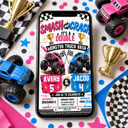 Monster Truck Double Birthday Invitation, Boom Crash It's A Monster Truck Bash, Sibling Party, Joint Invitation, Editable Canva Template __etsy:8056799465