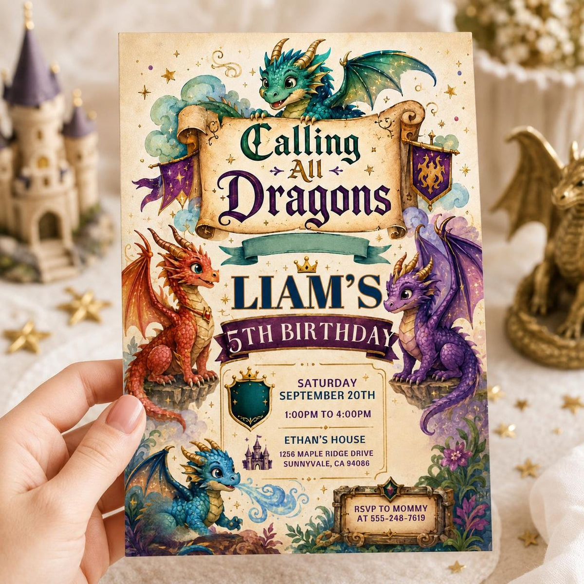 Calling All Dragons 5th Birthday Invitation — digital invitation, instant download