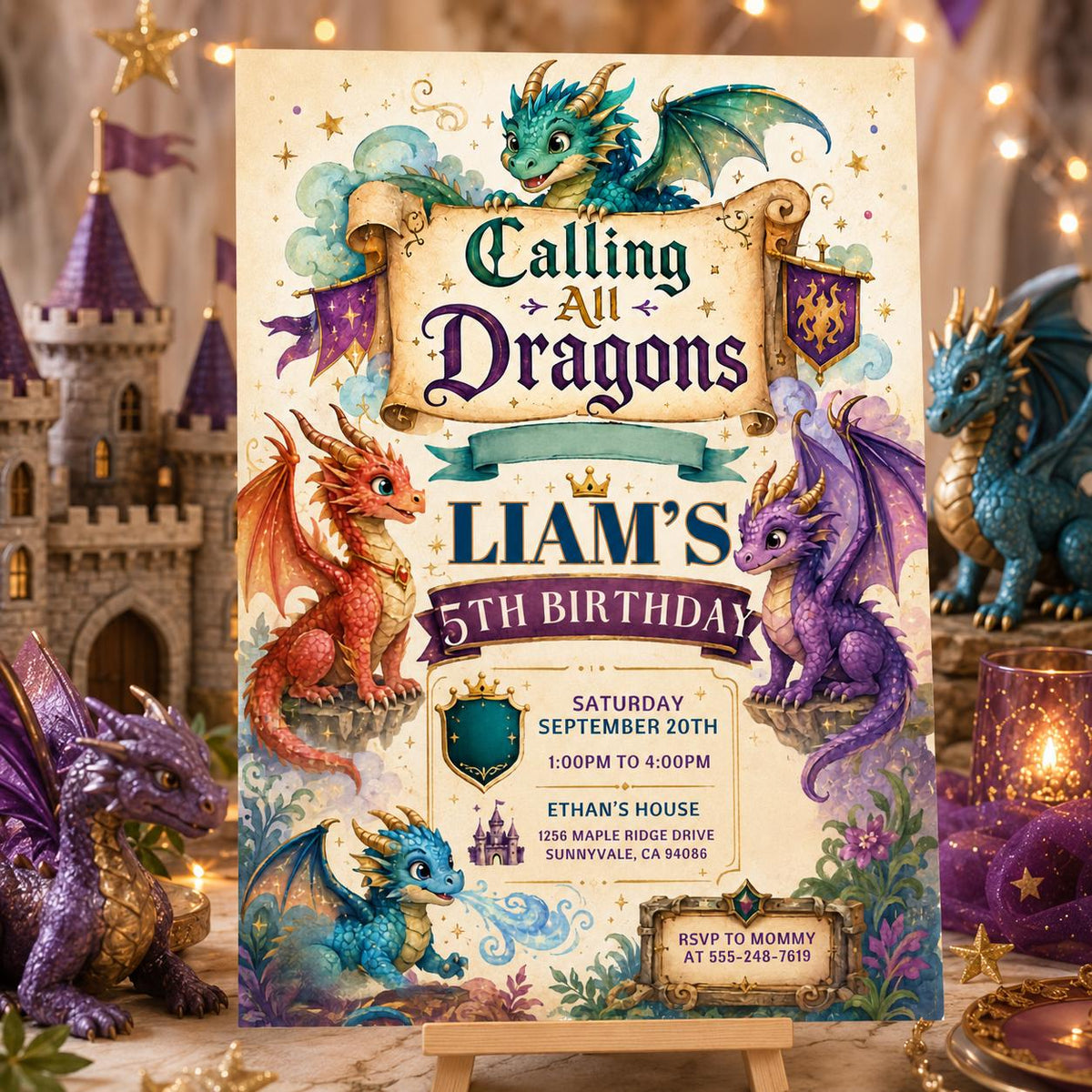 Calling All Dragons 5th Birthday Invitation — print-ready 5th birthday party design from VoltBy