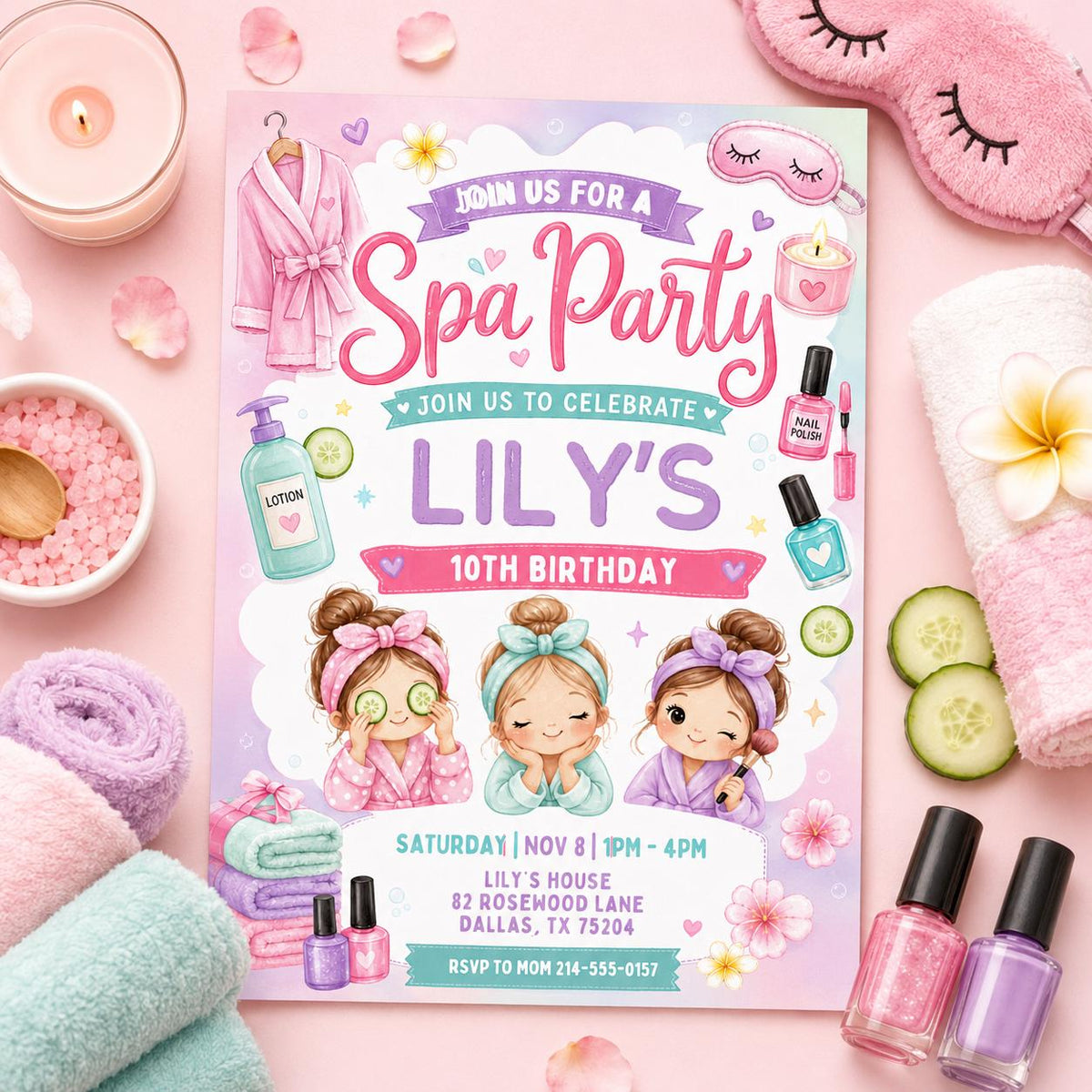 Spa Party 10th Birthday Invitation with Pamper Girls — invitation you personalize in Canva