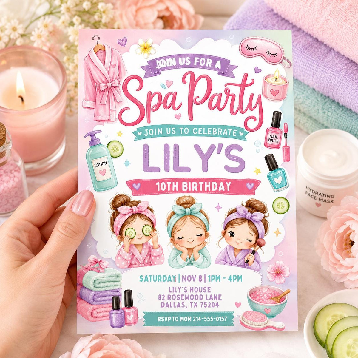 Spa Party 10th Birthday Invitation with Pamper Girls — digital invitation, instant download