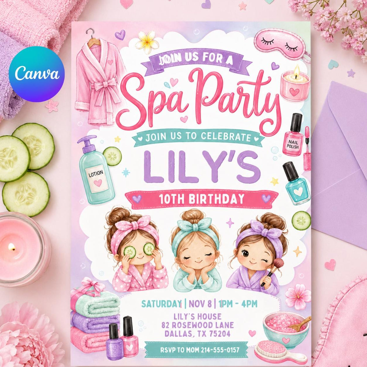 Spa Party 10th Birthday Invitation with Pamper Girls — editable Canva template