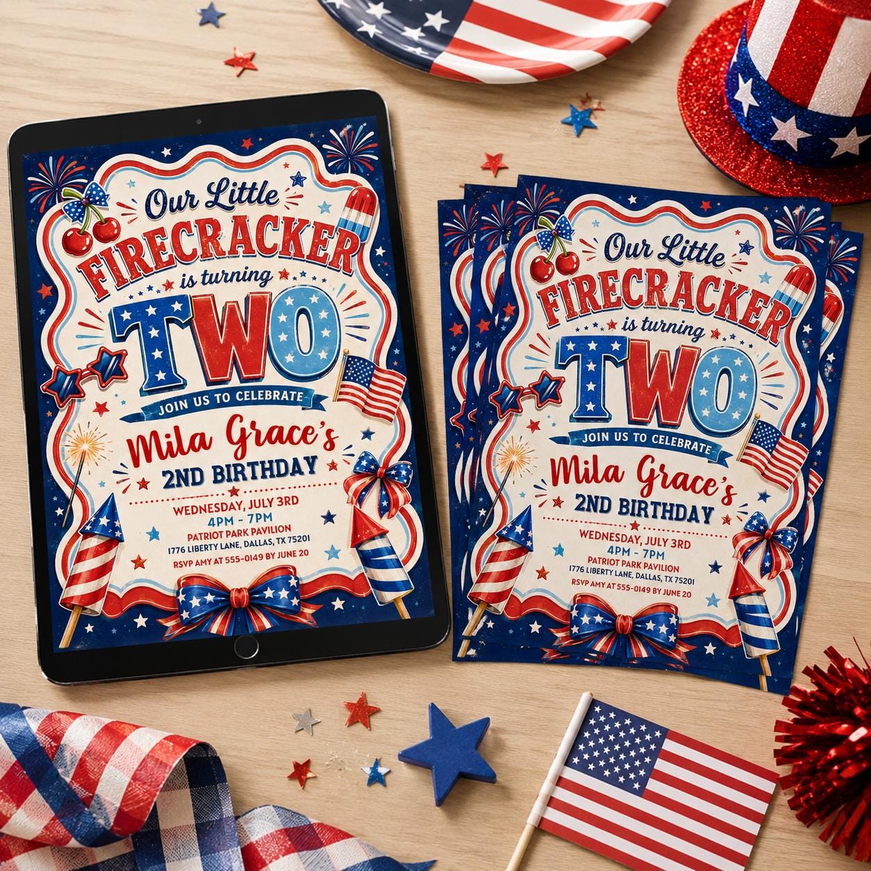 4th of July Birthday Invitation , American Girl Birthday Patriotic , Red Gingham Little Firecracker Invite , Editable Canva Template __etsy:8057264556
