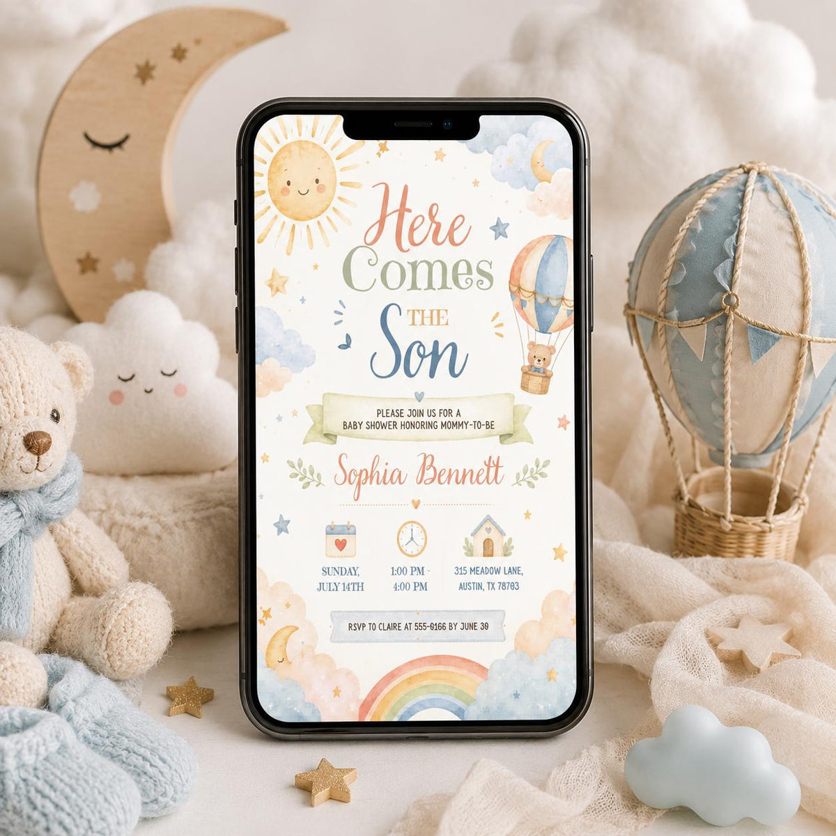 Watercolor Here Comes the Son Baby Shower Invitation — invitation you personalize in Canva