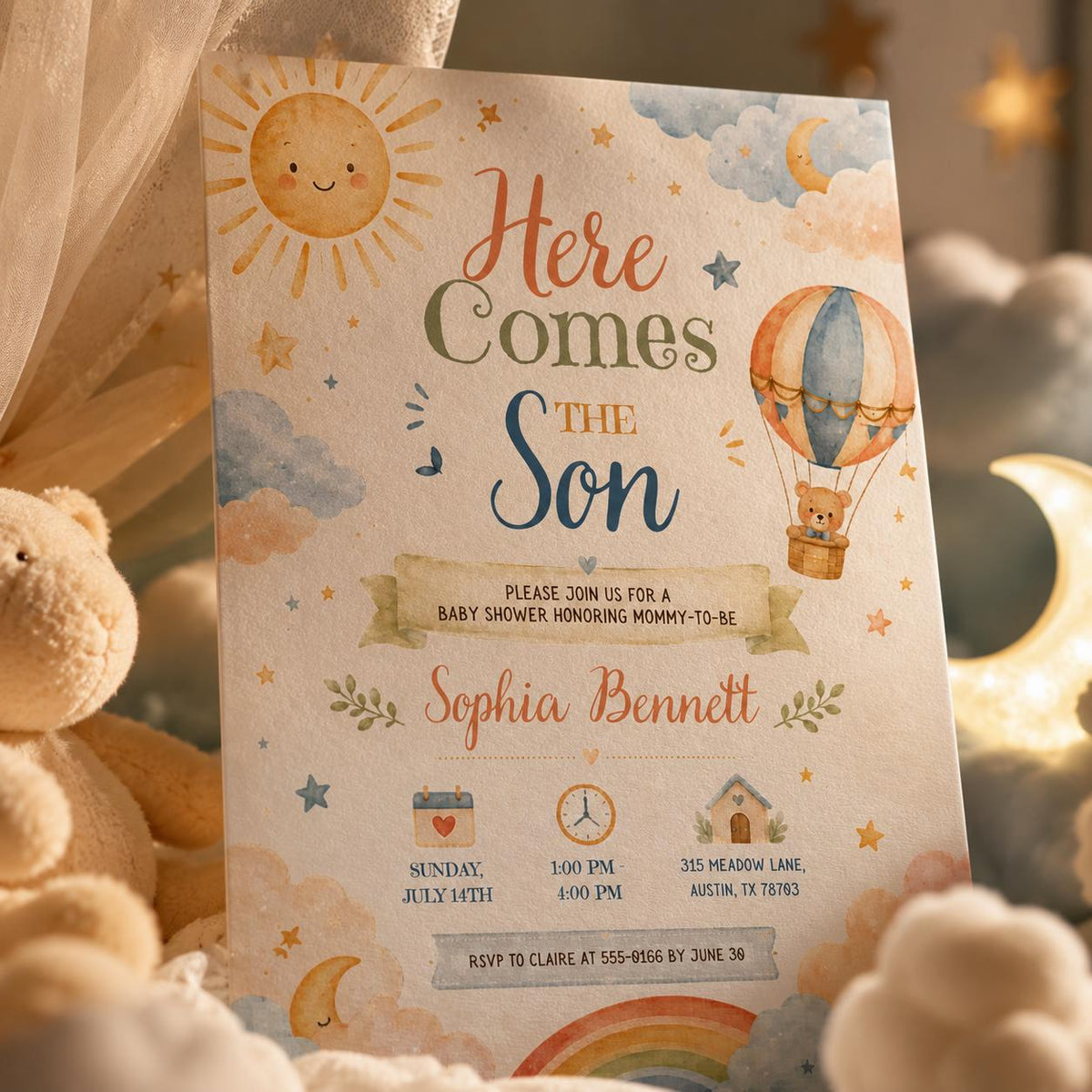 Watercolor Here Comes the Son Baby Shower Invitation — balloon and hot air balloon artwork in blue and cream