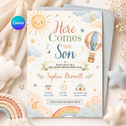 Watercolor Here Comes the Son Baby Shower Invitation — editable Canva template
