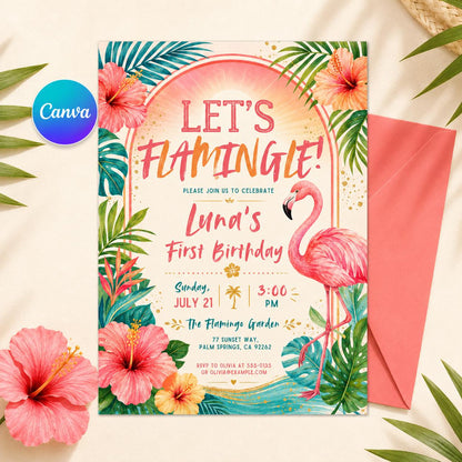 Let's Flamingle First Birthday Invitation — editable Canva template