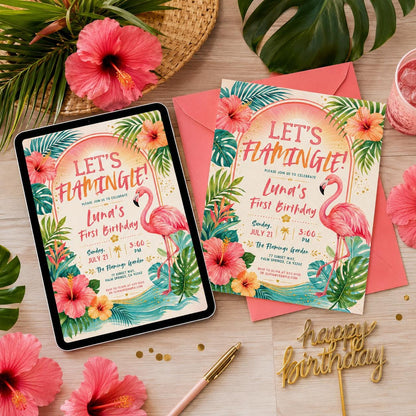 Let's Flamingle First Birthday Invitation — flamingo and hibiscus design