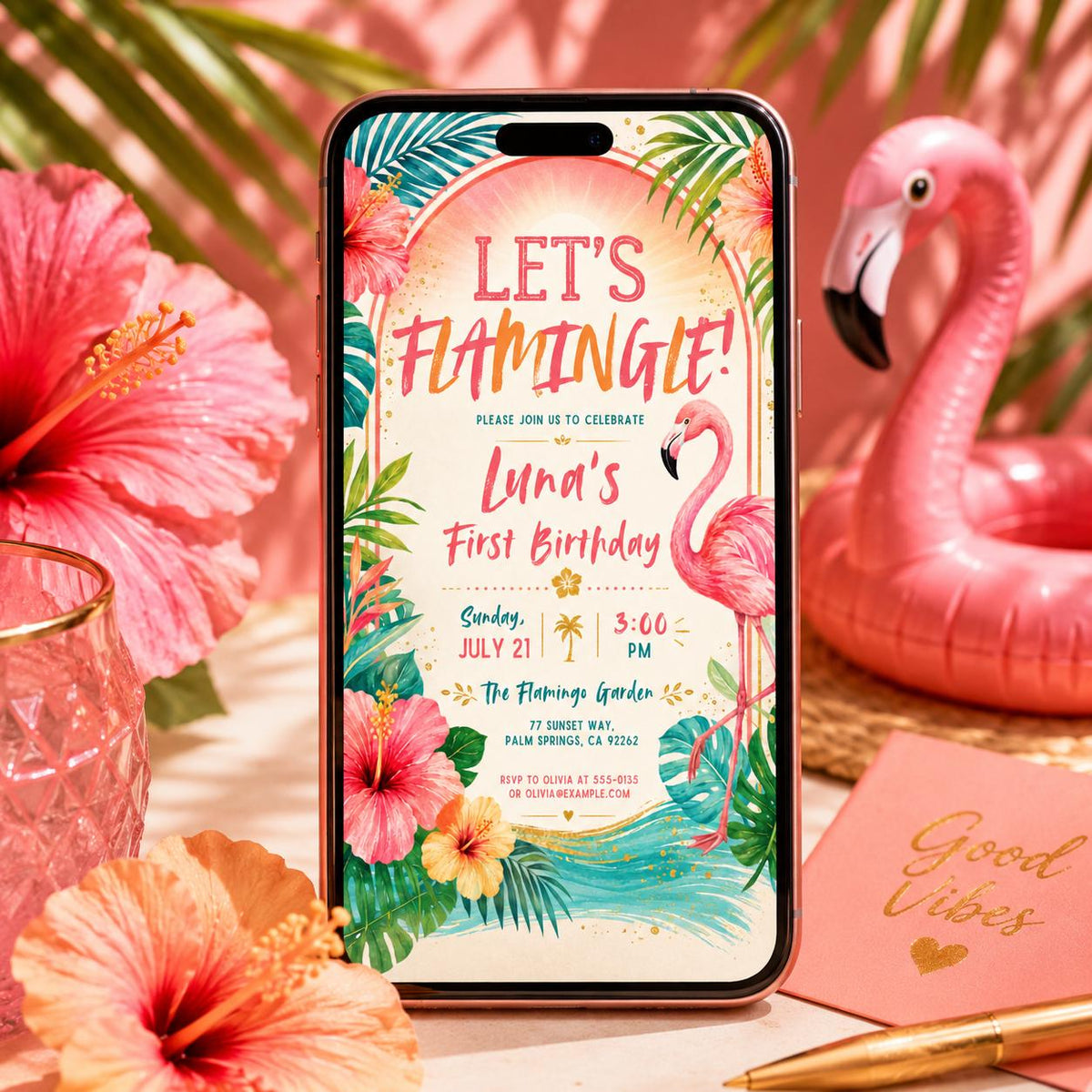 Let's Flamingle First Birthday Invitation — watercolor first birthday design