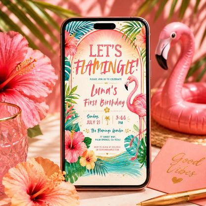 Let's Flamingle First Birthday Invitation — watercolor first birthday design