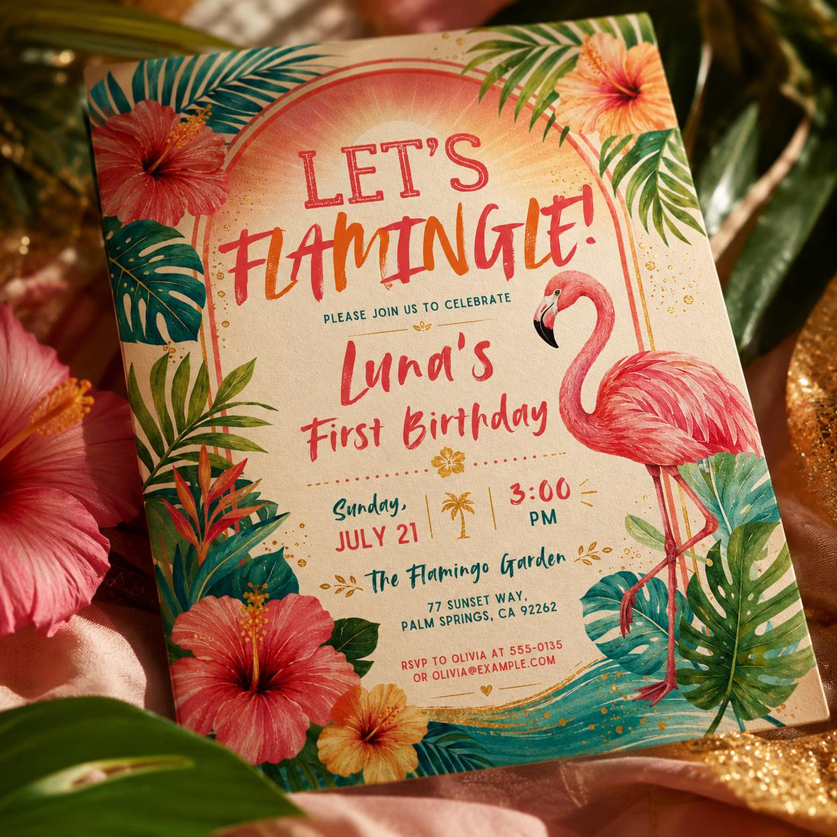 Let's Flamingle First Birthday Invitation — invitation you personalize in Canva