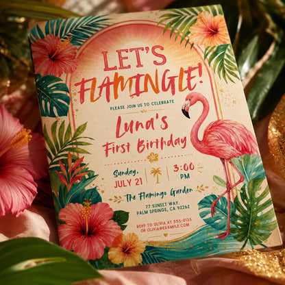 Let's Flamingle First Birthday Invitation — invitation you personalize in Canva
