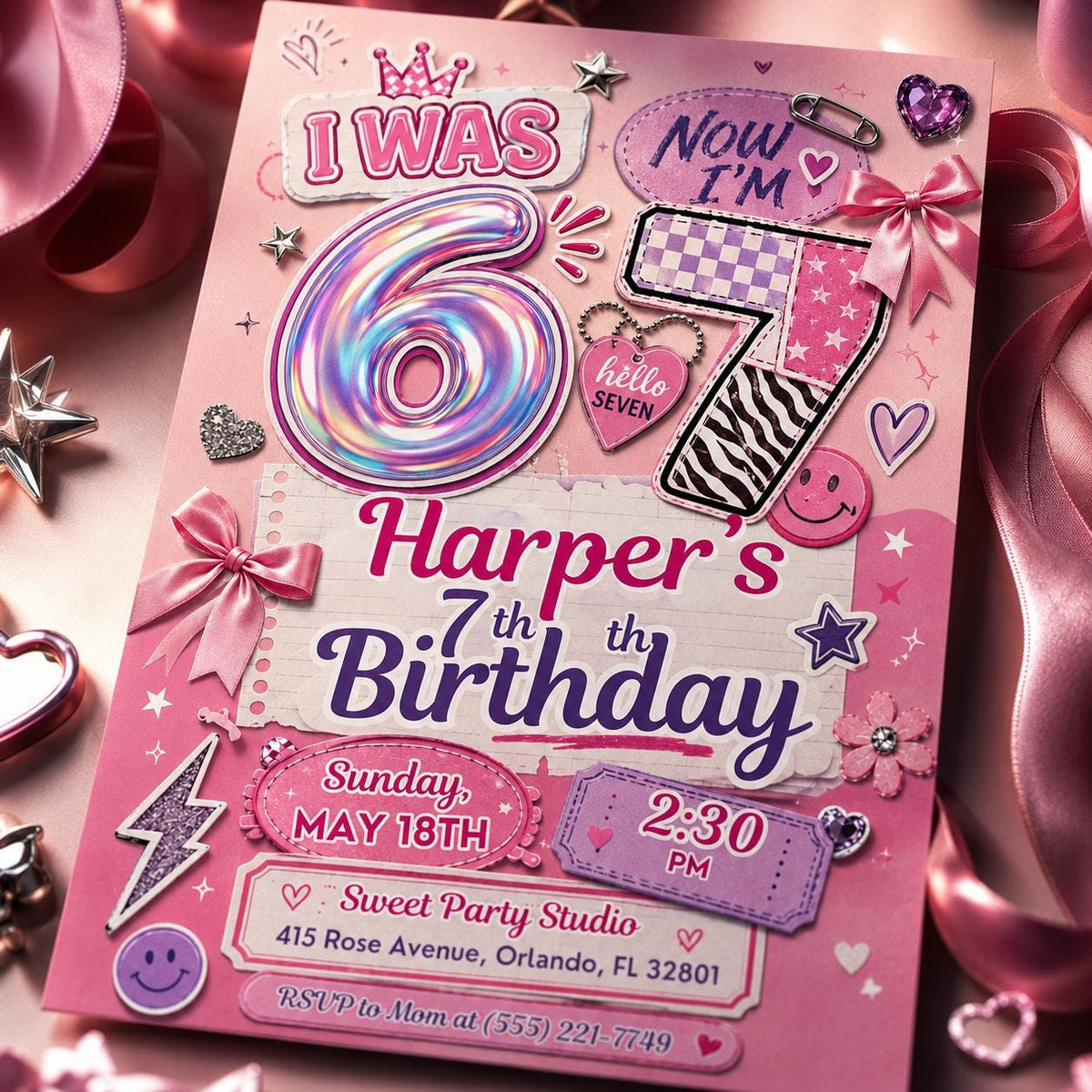 I Was Six Now I'm Seven Birthday Invitation — invitation you personalize in Canva