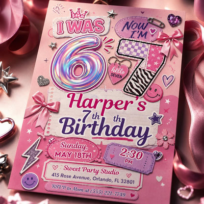 I Was Six Now I'm Seven Birthday Invitation — invitation you personalize in Canva
