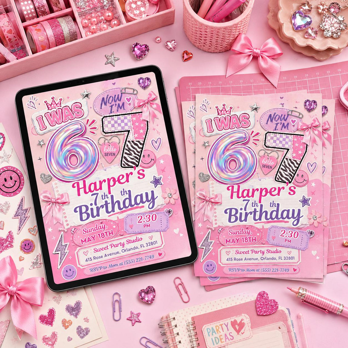 I Was Six Now I'm Seven Birthday Invitation — bow artwork in pink and purple