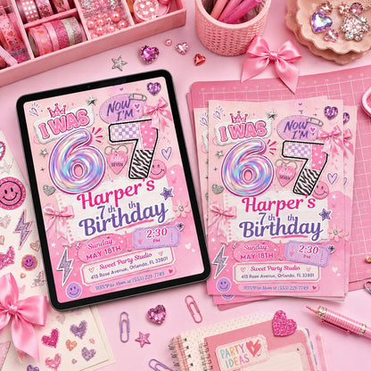 I Was Six Now I'm Seven Birthday Invitation — bow artwork in pink and purple