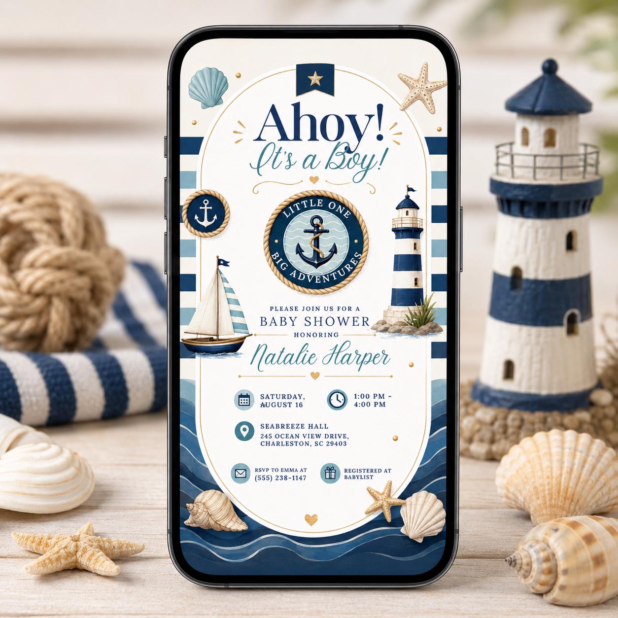 Nautical Baby Shower Invitation Template: Ahoy It's a Boy, Nautical Baby Showers, Baby Shower Invitation Boys, Coastal Invitations canva __etsy:8057514412