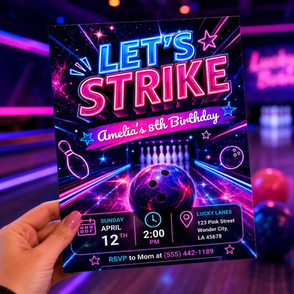 Bowling Birthday Invitation, Let's Strike Up Some Fun,Pink Bowling Party Invite,Girls Bowling Birthday Party Invite, Editable Canva Template __etsy:8057514742