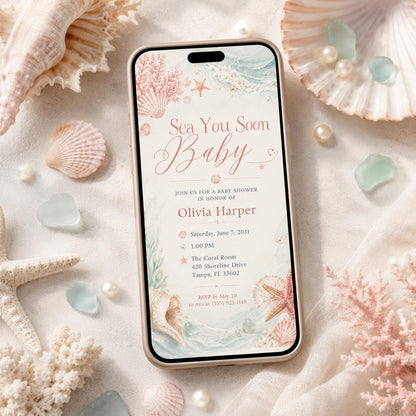 Minimal Coral Sea You Soon Baby Shower Invitation — rose and space design