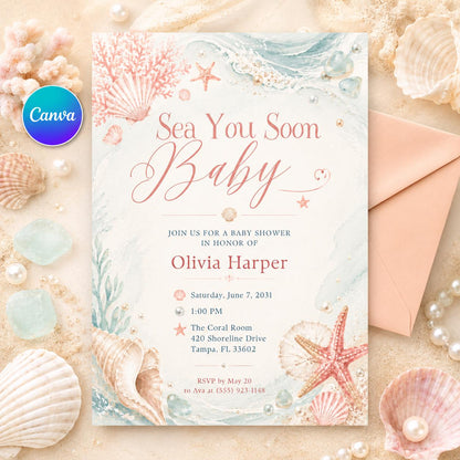 Minimal Coral Sea You Soon Baby Shower Invitation — editable Canva template