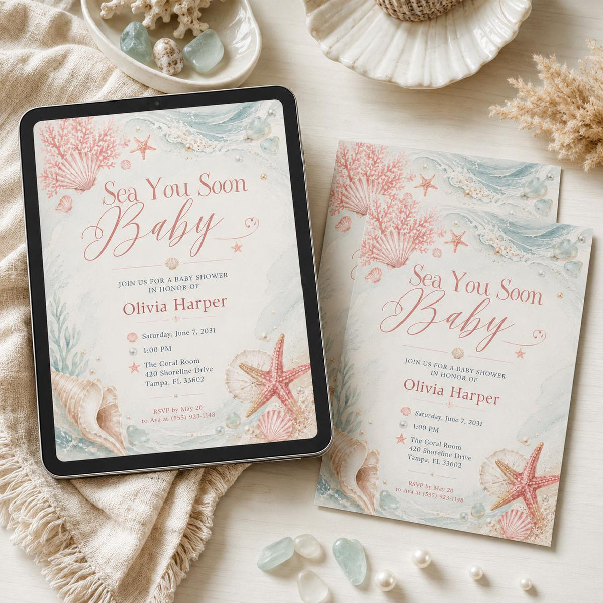 Minimal Coral Sea You Soon Baby Shower Invitation — minimalist baby shower design