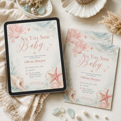Minimal Coral Sea You Soon Baby Shower Invitation — minimalist baby shower design