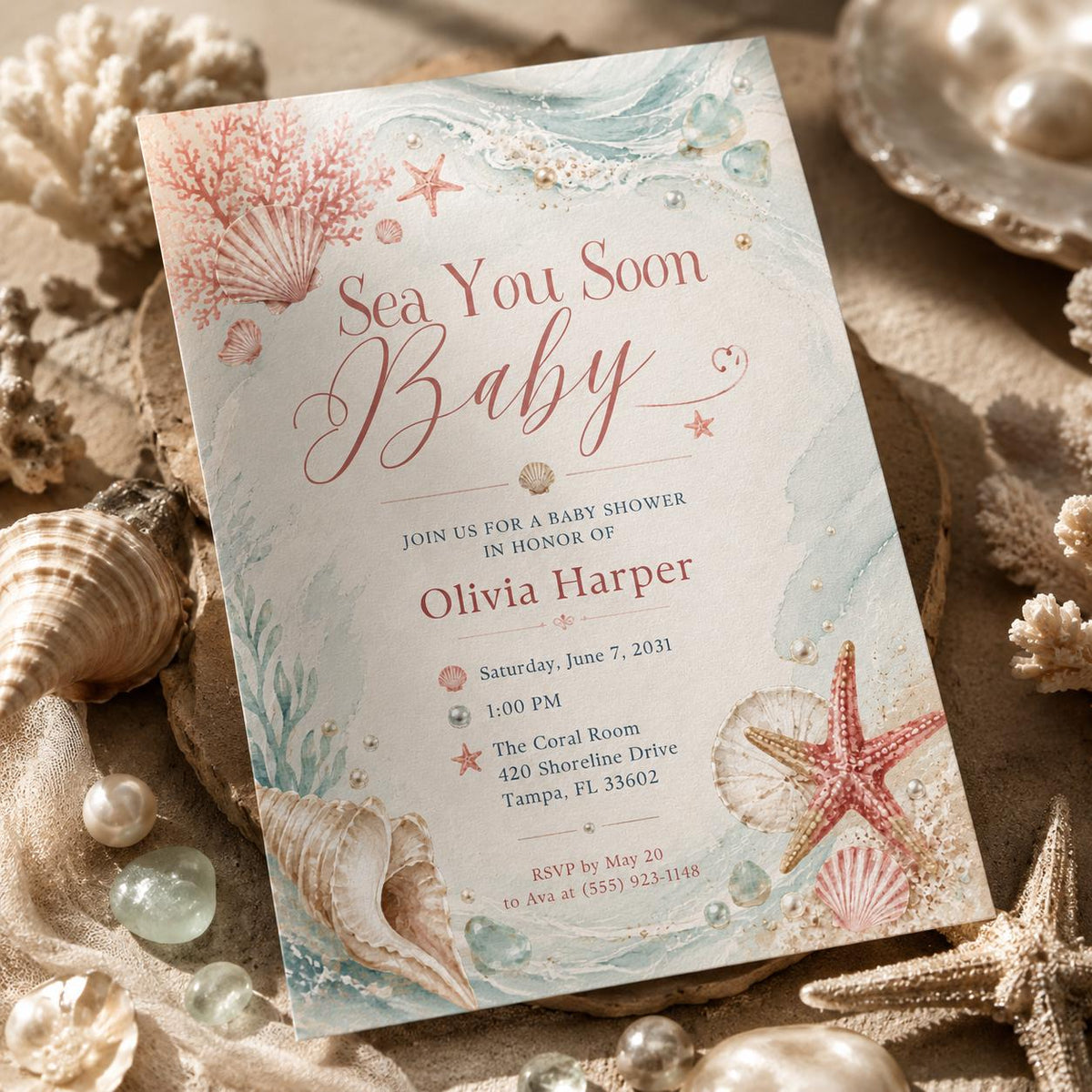 Minimal Coral Sea You Soon Baby Shower Invitation — invitation you personalize in Canva