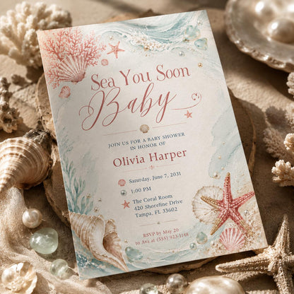 Minimal Coral Sea You Soon Baby Shower Invitation — invitation you personalize in Canva