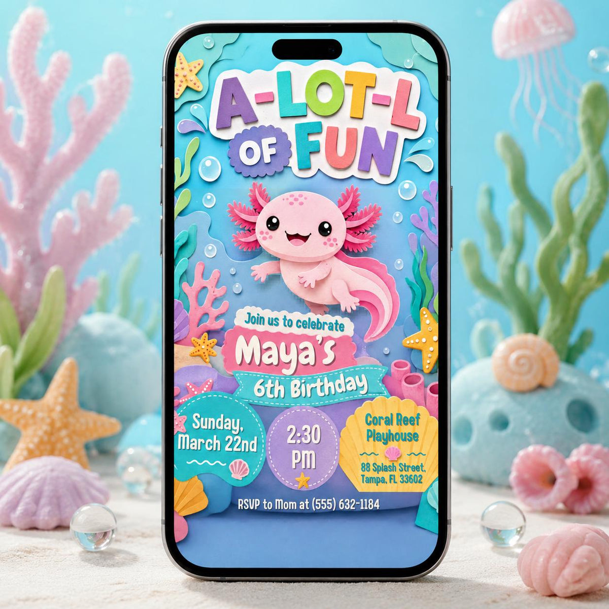 A-Lot-L of Fun Axolotl 6th Birthday Invitation — print-ready 6th birthday party design from VoltBy