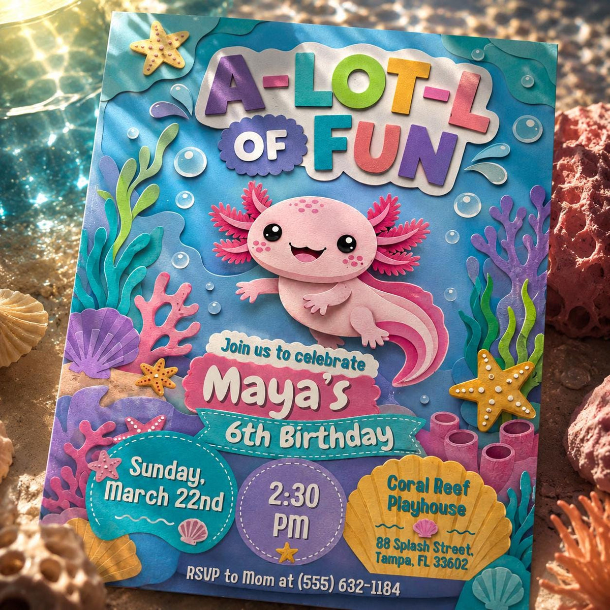 A-Lot-L of Fun Axolotl 6th Birthday Invitation — digital invitation, instant download