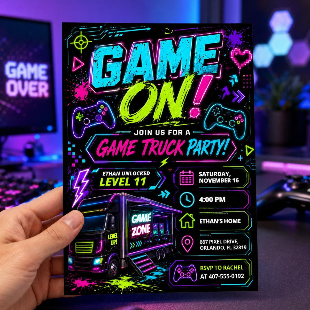 Game On Video Game Truck 11th Birthday Invitation — gaming design