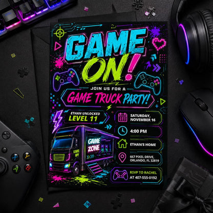 Game On Video Game Truck 11th Birthday Invitation — neon 11th birthday party design
