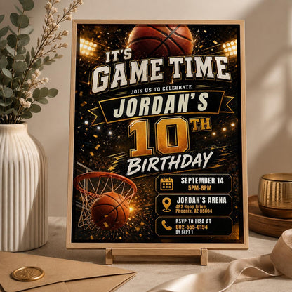 Basketball Birthday Invitation Digital Basketball Game Sports Party American Black Gold Birthday Invite Personalized Canva Template __etsy:8058657473