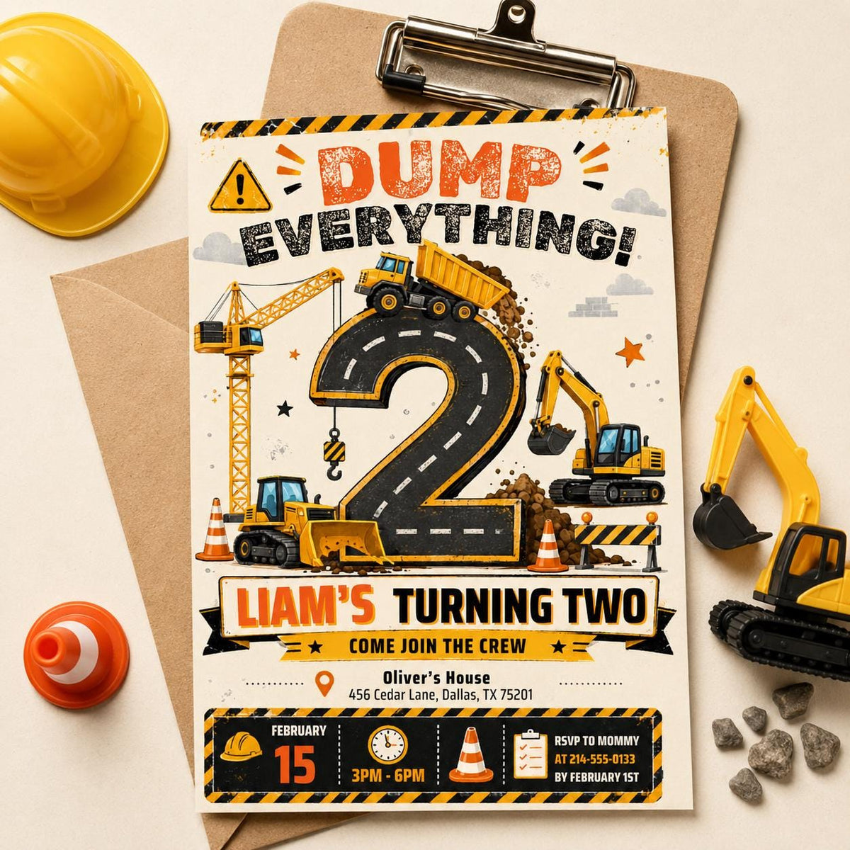 Dump Everything Construction 2nd Birthday Invitation — print-ready 2nd birthday party design from VoltBy